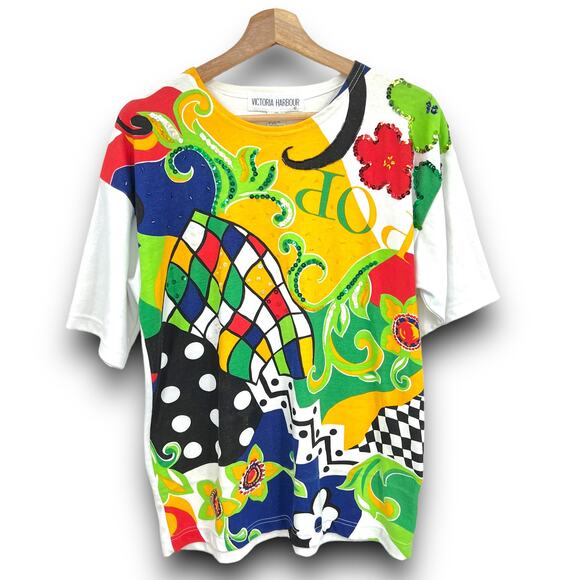 VINTAGE 90's Victoria Harbor MEDIUM Art to Wear Beaded Sequin Tee Shirt T-Shirt - Picture 1 of 8